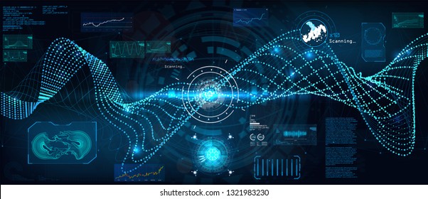 Data flow analysis. Big data algorithms visualization, technologies infographic analytic in HUD style. Futuristic interface. Statistics big data, analytical indicator and biology formuls. Vector Hud