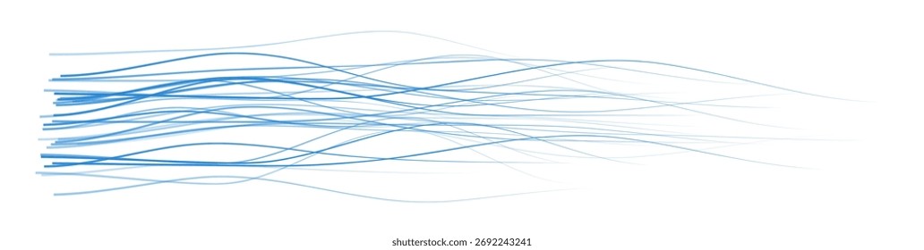 Data flow background. Blue dynamic flow lines. Abstract thin wave trails fading into white backdrop. Data stream, motion, connectivity, fluid digital energy. Minimal vector illustration.