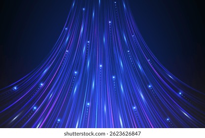 Data flow background with glowing blue and violet lines on dark gradient. Big data visualization. Futuristic high-speed technology effect. Vector Illustration.