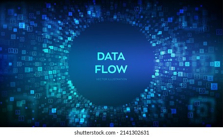Data Flow. Binary data flow tunnel. Virtual tunnel warp. Coding, programming or hacking concept. Abstract futuristic cyberspace. Big data. Digital code with digits 1.0. Vector Illustration.