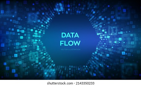 Data Flow. Binary data flow tunnel. Virtual tunnel warp. Coding, programming or hacking concept. Abstract futuristic cyberspace. Big data. Digital code with digits 1.0. Vector Illustration.