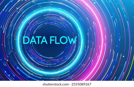 Data flow depicted with dynamic circular light patterns in vibrant colors. Big data and data science integration with advanced technology and artificial intelligence concepts.