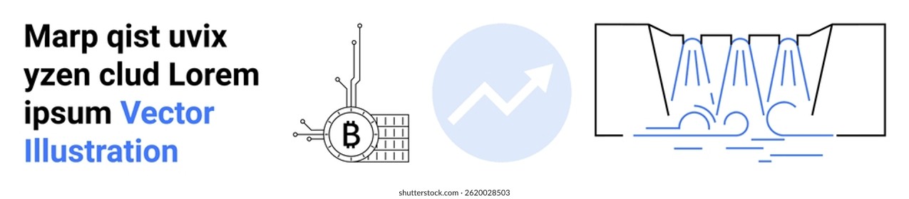 Data flow elements, circular chart with B icon, upward arrow graph, and architecture diagram with water flow. Ideal for tech, data analysis, presentations, engineering, business growth visuals