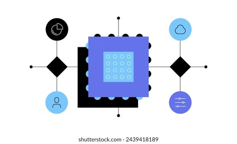 Data flow, high tech, development. Processor with flowchart. Simple infographic element, abstract scheme. Vector file.