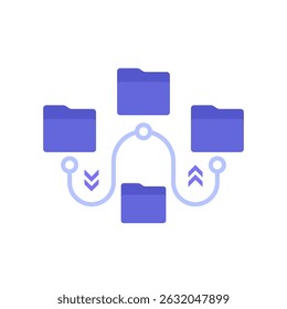 Icono de flujo de datos con carpetas de archivos, diseño plano