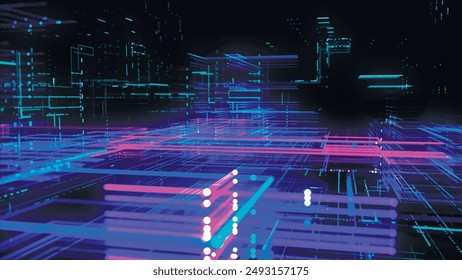 Data flow information. Digital communication concept. Blue futuristic flow. Abstract futuristic sci-fi background with particle and line mesh. Connection and connectivity concept. 3D vector illustrati