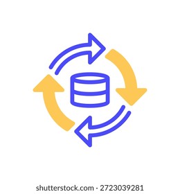 Icono de línea de flujo de datos, símbolo de contorno para dirección de flujo, movimiento de proceso, transferencia de información, secuencia de tubería y conexión dinámica. Icono de signo de Vector.