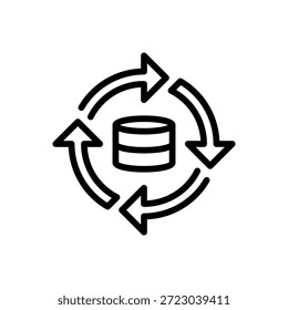 Icono de línea de flujo de datos, símbolo de contorno para dirección de flujo, movimiento de proceso, transferencia de información, secuencia de tubería y conexión dinámica. Icono de signo de Vector.