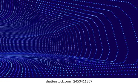 Data Flow Particles Blue 3D Grid Tunnel. Grid Frame Retrowave Background. Tunnel Mesh Backdrop. Abstract Digital Background. Vintage Computer Virtual Reality VR Tunnel Technology Vector Illustration.