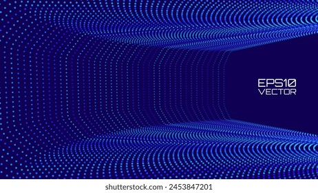 Data Flow Particles Blue 3D Grid Tunnel. Grid Frame Retrowave Background. Tunnel Mesh Backdrop. Abstract Digital Background. Vintage Computer Virtual Reality VR Tunnel Technology Vector Illustration.