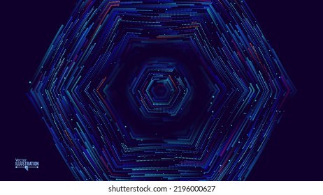 Data Flow Particles Moving With Trails. Big Data And CyberSecurity HiTech Background. Neural Networks Science Backdrop. Vector Illustration.