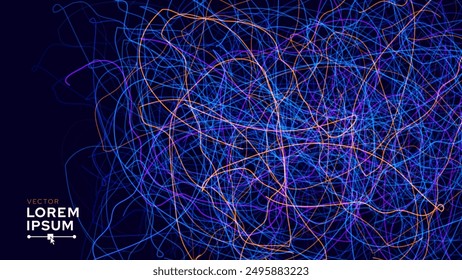 Data Flow Random Connections Abstract Design. Artificial Intelligence Tech Blue Background. Big Data Neural Network Chaos Analytics Lines. Vector Illustration.