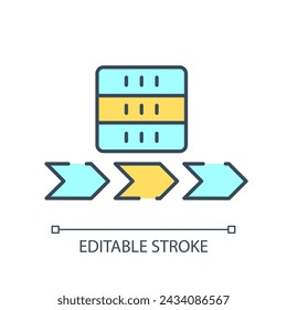 Flujo de datos Icono de color RGB. Linaje de referencia. Información de traza de movimiento. Almacenamiento digital. Transferir del origen al consumo. Ilustración aislada del vector. Dibujo de líneas rellenas simples. Trazo editable