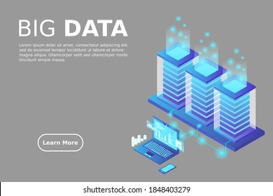 Data flow. Data storage. Server. Digital space. Data center. Big Data. Conceptual illustration. Isometric vector illustration.