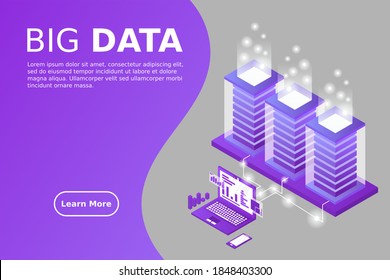 Data flow. Data storage. Server. Digital space. Data center. Big Data. Conceptual illustration. Isometric vector illustration.