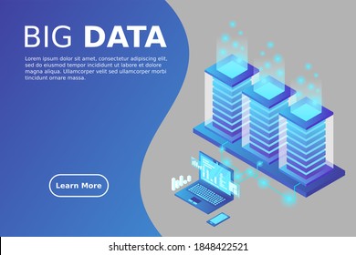Data flow. Data storage. Server. Digital space. Data center. Big Data. Conceptual illustration. Isometric vector illustration.