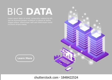 Data flow. Data storage. Server. Digital space. Data center. Big Data. Conceptual illustration. Isometric vector illustration.