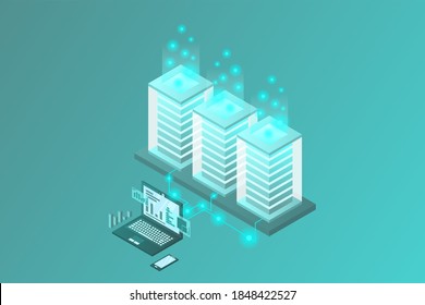 Data flow. Data storage. Server. Digital space. Data center. Big Data. Conceptual illustration. Isometric vector illustration.