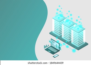 Data flow. Data storage. Server. Digital space. Data center. Big Data. Conceptual illustration. Isometric vector illustration.