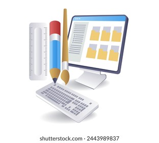 Data folder for digital creative concept work, flat isometric 3d illustration