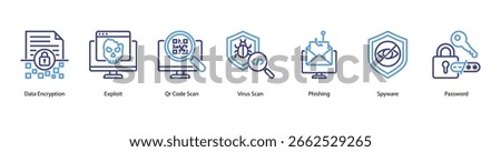 Data Fortress web banner icon vector illustration featuring Data Encryption, Exploit, QR Code Scan, Virus Scan, Phishing, Spyware, and Password.