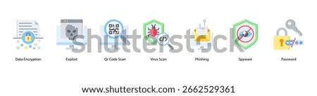 Data Fortress web banner icon vector illustration featuring Data Encryption, Exploit, QR Code Scan, Virus Scan, Phishing, Spyware, and Password.