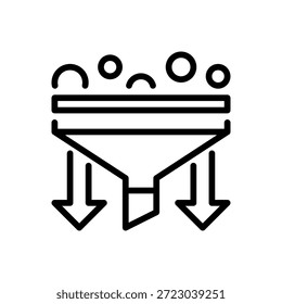 Ícone de Linha de Funil de Dados, Símbolo de Estrutura de Tópicos para Filtragem de Cliente Potencial, Otimização de Conversão, Análise de Marketing, Processamento de Vendas e Classificação de Dados. Ícone de sinal vetorial.
