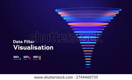 Data Funnel Visualization Marketing Background With Colorful Neon Layers On Dark Space. Data Funnels Dashboard Concept. Vector Illustration.