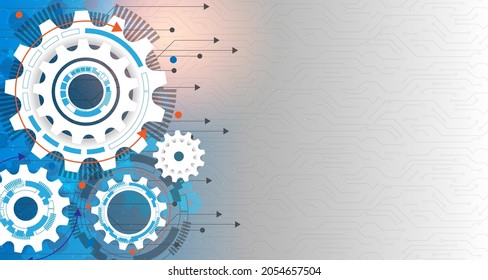 Volante de engranajes de futuro de datos, tarjeta de circuitos, tecnología e ingeniería digital de alta tecnología, concepto de tecnología de telecomunicaciones digital. Resumen futurista sobre fondo azul claro EP.3.Comunicación de alta tecnología 