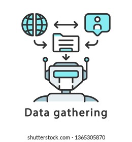 Data gathering color icon. Data collection. Robot sorting and analyzing information. Web statistics extraction. Automate clerical tasks. Artificial intelligence worker. Isolated vector illustration