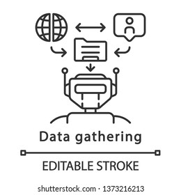 Data gathering linear icon. Web statistics extraction. Automate clerical tasks. Artificial intelligence worker. Thin line illustration. Contour symbol. Vector isolated outline drawing. Editable stroke