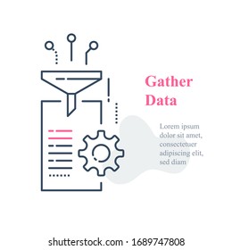Data Gathering And Processing Concept, Collect And Filter Information, Funnel And Document, Vector Line Icon