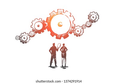 Data, gear, analytics, business, technology concept. Hand drawn isolated vector.