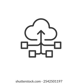 Os dados vão para a nuvem, ícone em design de linha. Dados, nuvem, upload, armazenamento, computação em nuvem, servidor, sincronização no vetor de fundo branco. Os dados vão para a nuvem ícone de traçado editável
