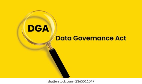 Data Governance Act abbreviation DGA. DGA Acronym banner with magnifying glass on yellow background.
