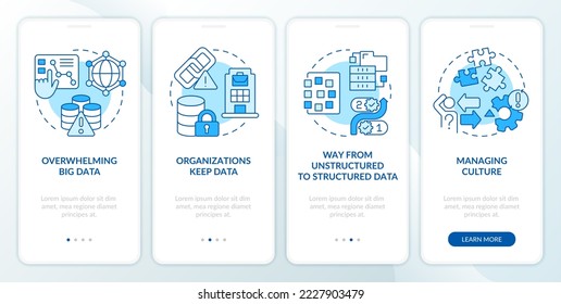 Data governance challenges blue onboarding mobile app screen. Walkthrough 4 steps editable graphic instructions with linear concepts. UI, UX, GUI template. Myriad Pro-Bold, Regular fonts used