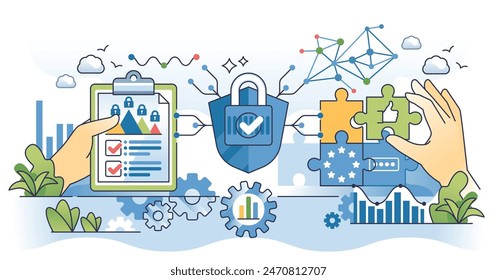 Data governance and information file safety system outline hands concept. Cyber technology for safe cloud storage and company database privacy shield vector illustration. Internet defense management.