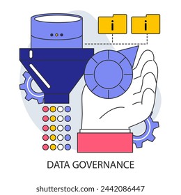 Gobernanza de datos. Supervisión y regulación de la información. Mecanismo de control de la mano, gestión de la información. Ilustración vectorial plana.