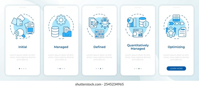 Modelo de madurez de gobernanza de datos pantalla azul del App móvil de incorporación. Instrucciones gráficas editables de 5 pasos con conceptos lineales. PLANTILLA UI, UX, GUI