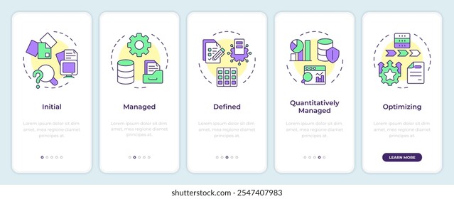 Modelo de madurez de gobernanza de datos incorporando pantalla de App móvil. Instrucciones gráficas editables de 5 pasos con conceptos lineales. PLANTILLA UI, UX, GUI