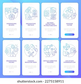 Data governance problems blue gradient onboarding mobile app screen set. Walkthrough 4 steps graphic instructions with linear concepts. UI, UX, GUI template. Myriad Pro-Bold, Regular fonts used