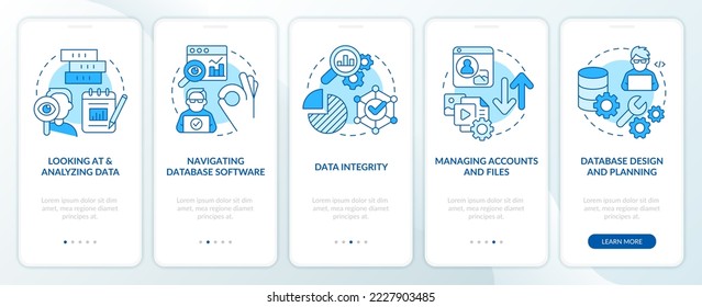 Data governance skills blue onboarding mobile app screen. Walkthrough 5 steps editable graphic instructions with linear concepts. UI, UX, GUI template. Myriad Pro-Bold, Regular fonts used