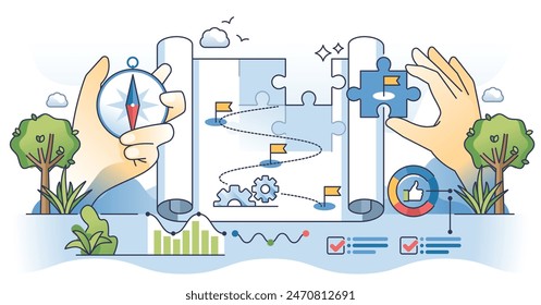 Data governance strategy with precise process planning outline hands concept. Information management, regulation and effective organization for safe information storage or usage vector illustration