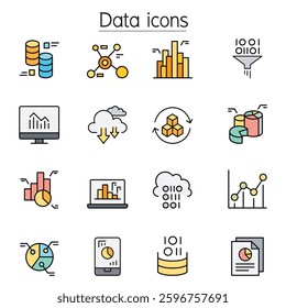 Data, graph, chart, diagram icon set in color line style