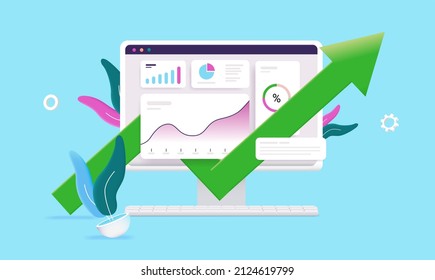 Data growth - Computer screen with positive charts and graphs and green arrow pointing upwards. Positive digital results concept, vector illustration