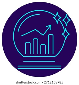 Icono de pronóstico de crecimiento de datos. Borde de neón minimalista sobre un fondo redondo azul oscuro. Ilustración vectorial que representa un gráfico de barras ascendente dentro de una bola de cristal brillante. Inteligencia empresarial impulsada por IA