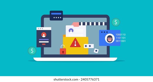 Data hacking, Stealing personal data online, Cyber attack, Data breach, Malware stealing data - vector illustration banner with icons