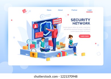 Data header, network law code against personal crime as confidential. Modern confidentiality. Website fingerprint, card check for access. Concept with characters, template isometric flat vector images