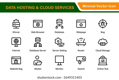 Data hosting and cloud services icons. Linear style icon bundle.Outline icon collection.