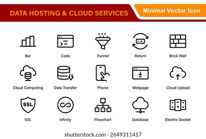 Alojamiento de datos e iconos de servicios en la nube. Paquete de icono de estilo lineal. colección de icono de esquema.